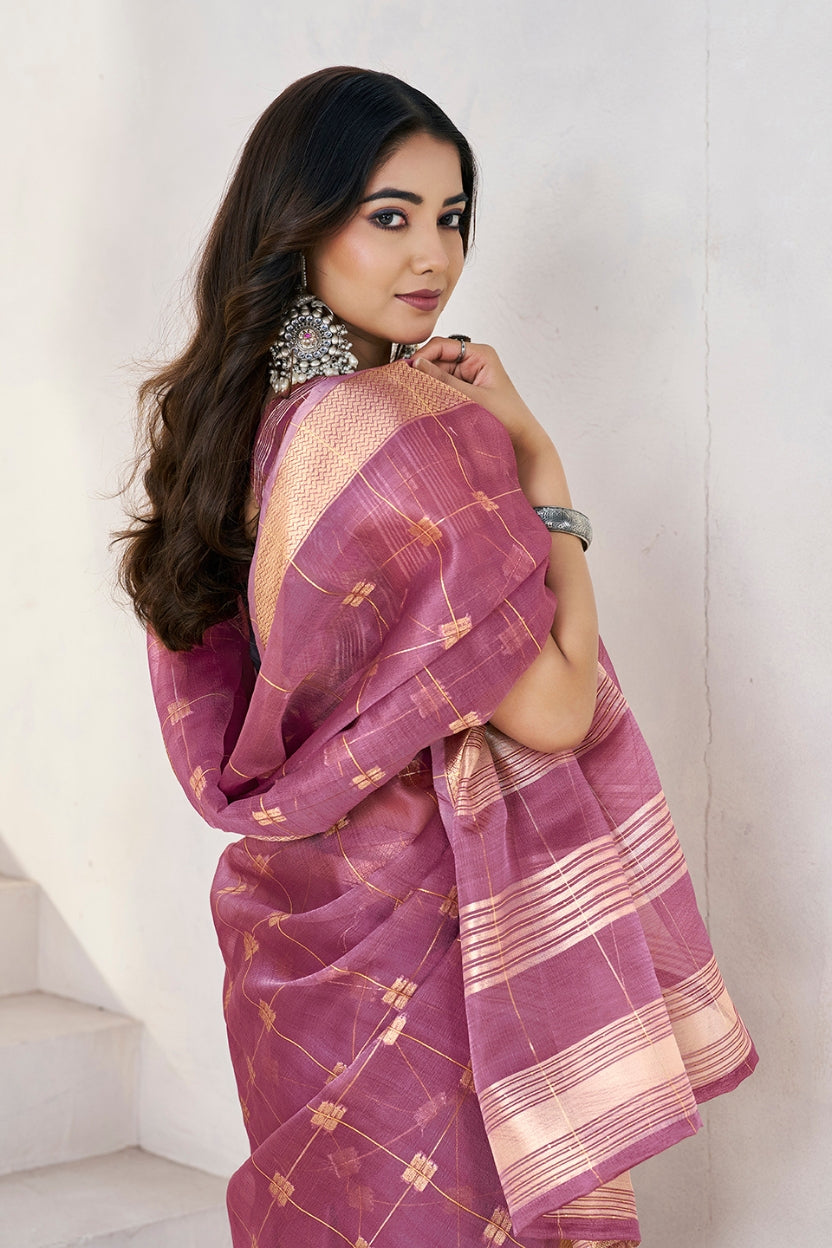 Wine Linen Cotton Zari Silk Weaving Saree