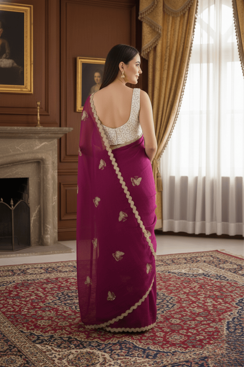 Wine Crunchy Silk Embroidery Saree