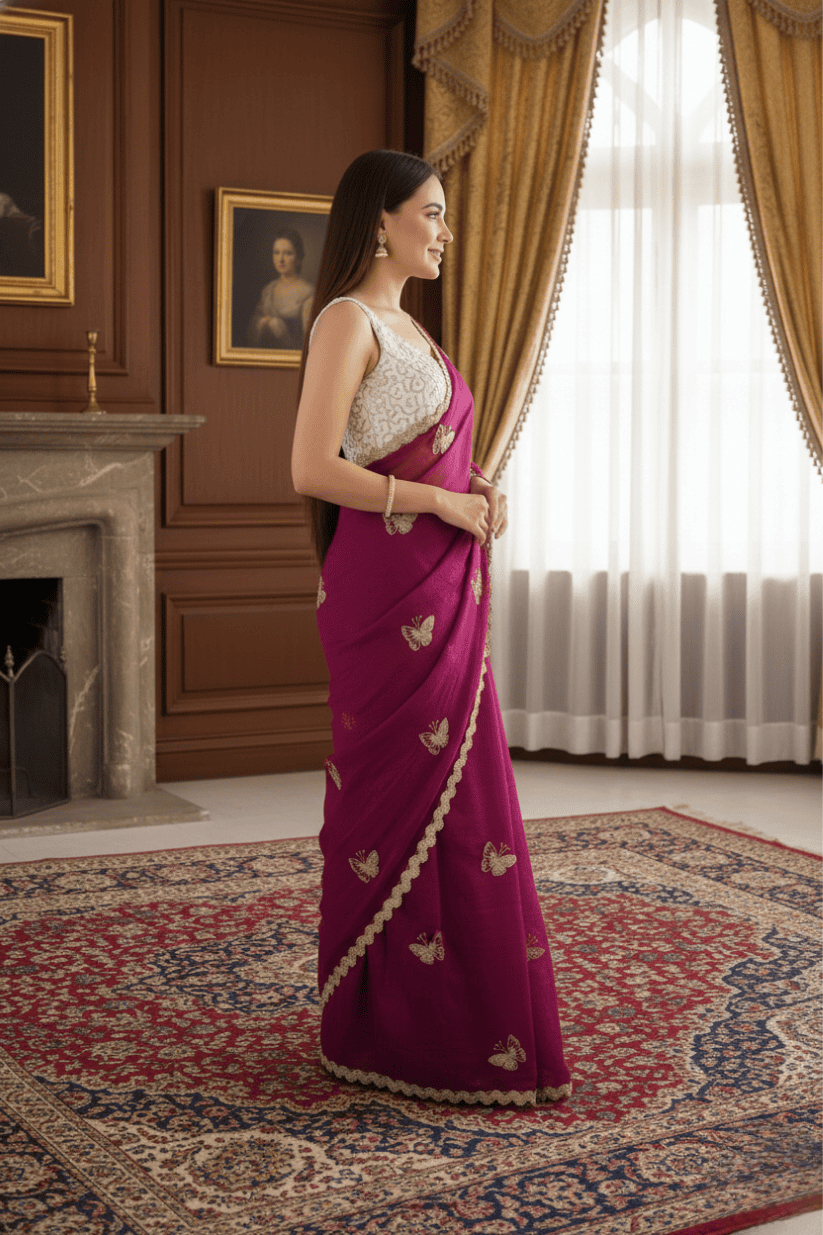 Wine Crunchy Silk Embroidery Saree