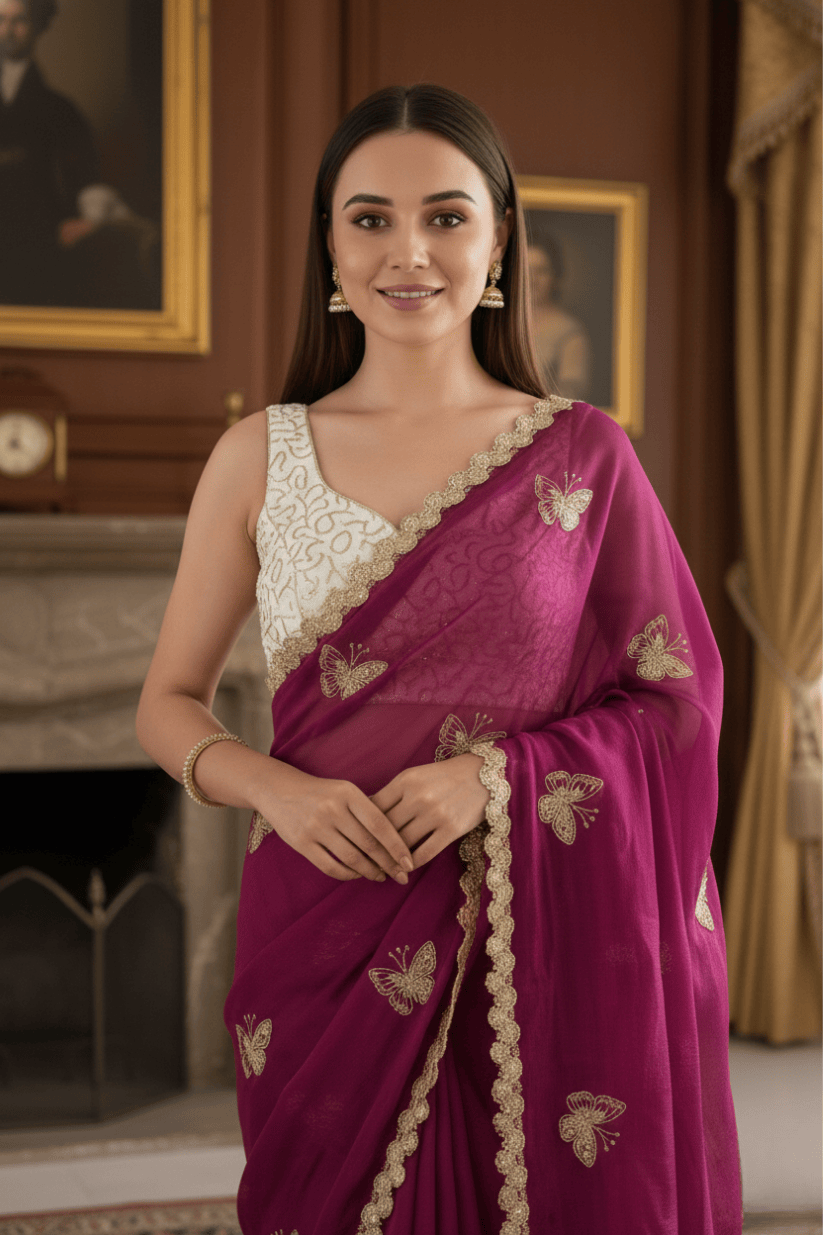 Wine Crunchy Silk Embroidery Saree