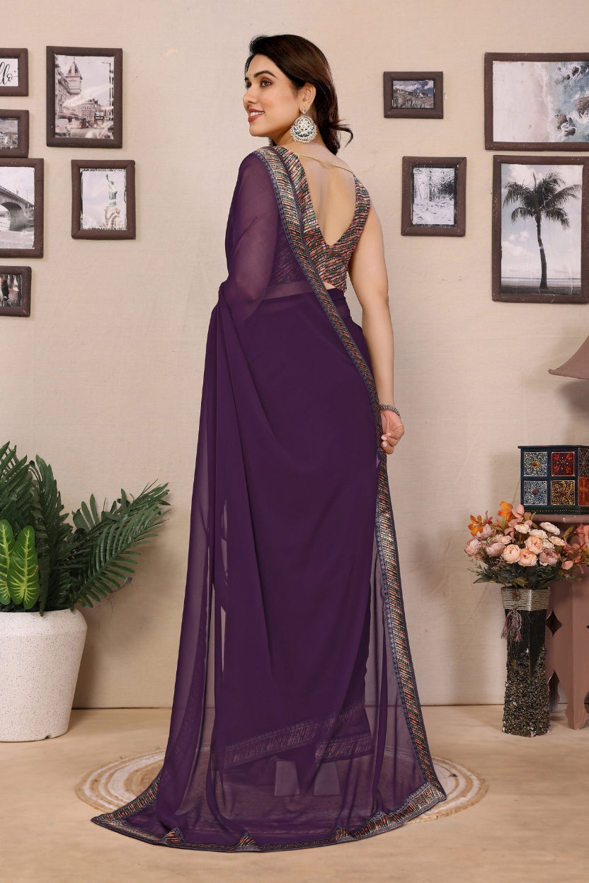 Wine Georgette Lace Border Saree