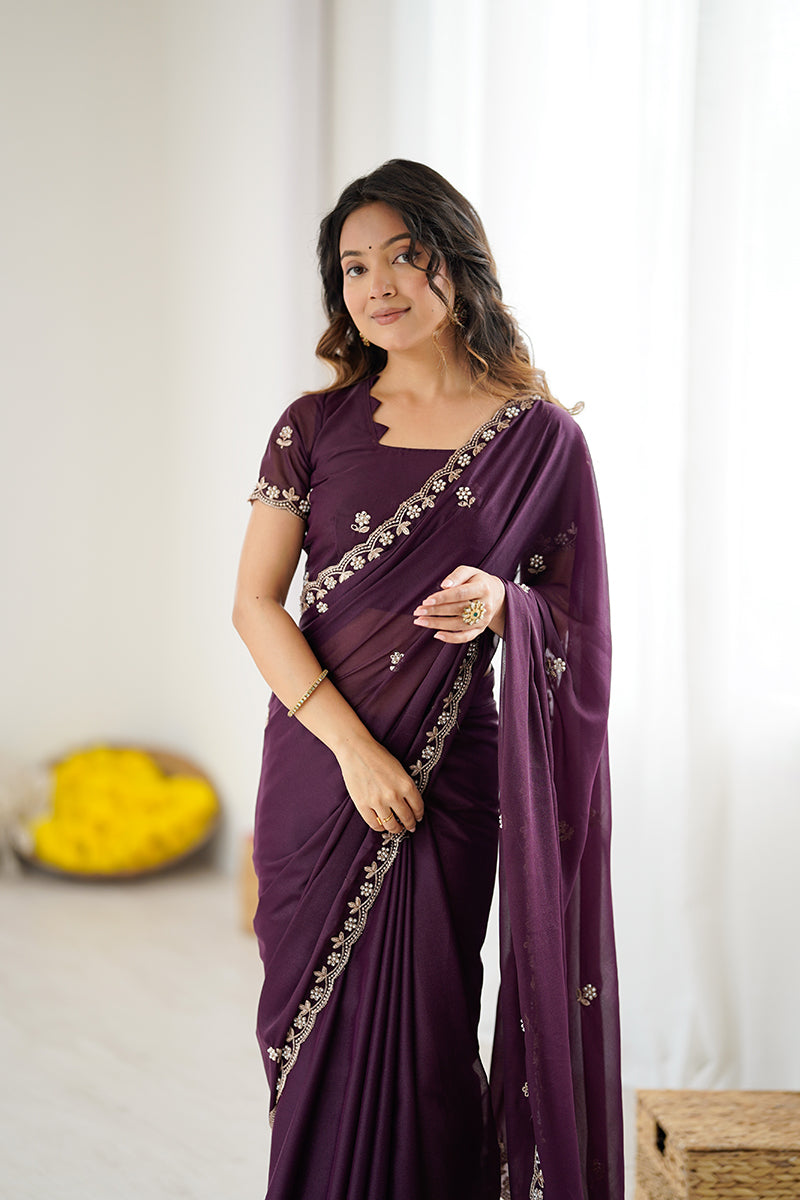 Wine Embroidered Georgette Lace Saree