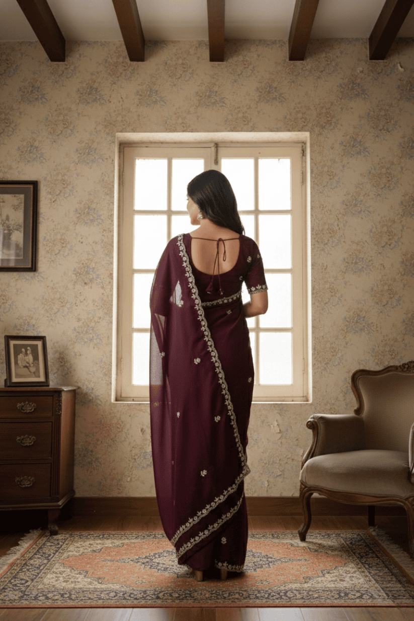 Wine Embroidered Georgette Lace Saree
