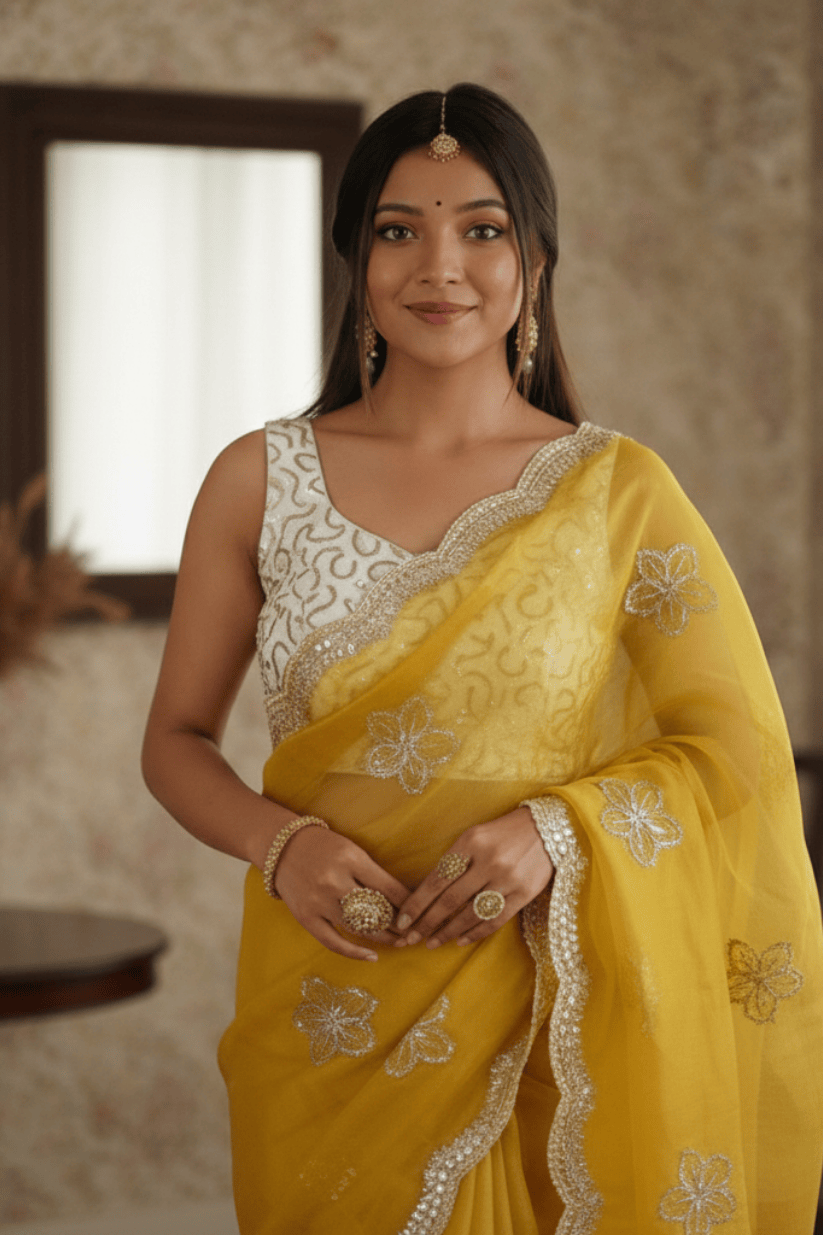 Yellow Crunchy Silk Embroidery Saree