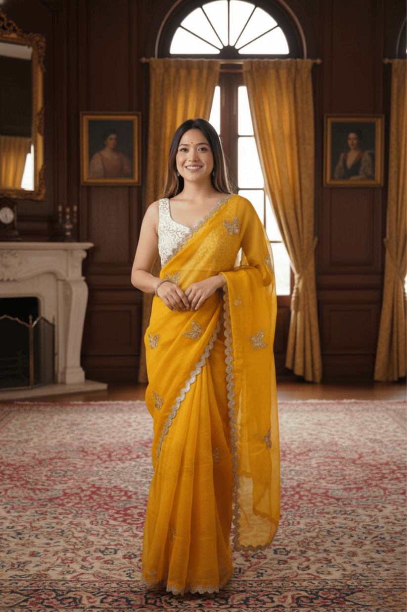 Yellow Crunchy Silk Embroidery Saree