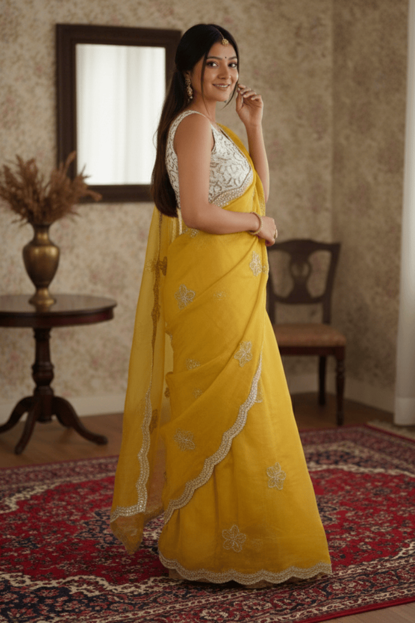 Yellow Crunchy Silk Embroidery Saree