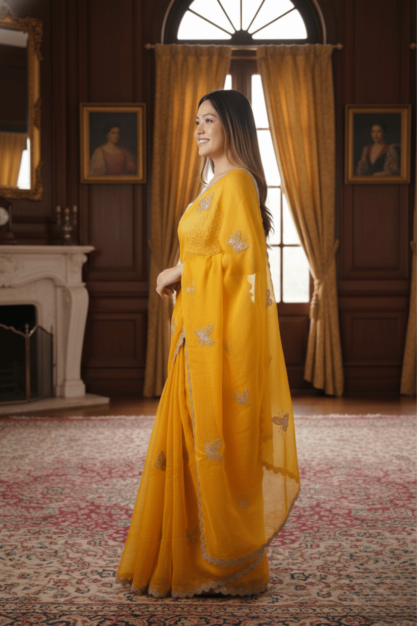 Yellow Crunchy Silk Embroidery Saree
