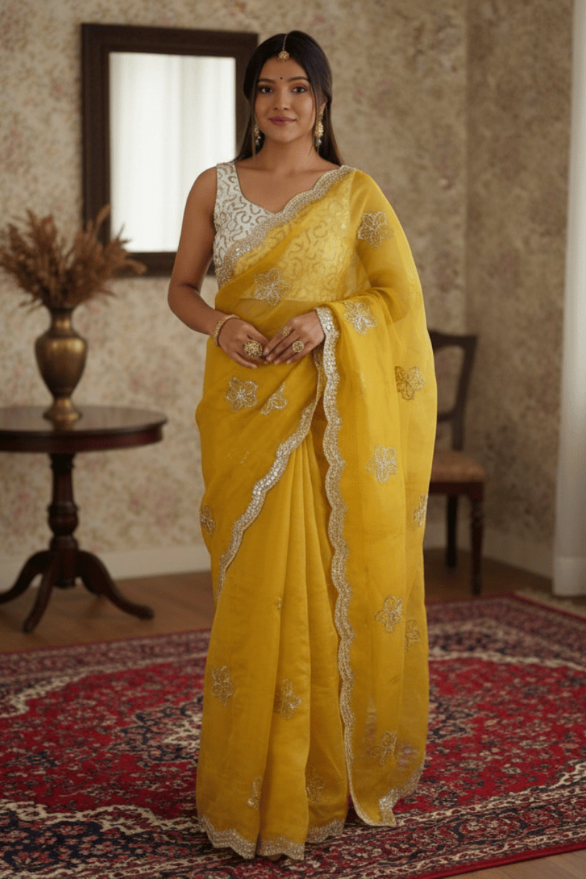 Yellow Crunchy Silk Embroidery Saree