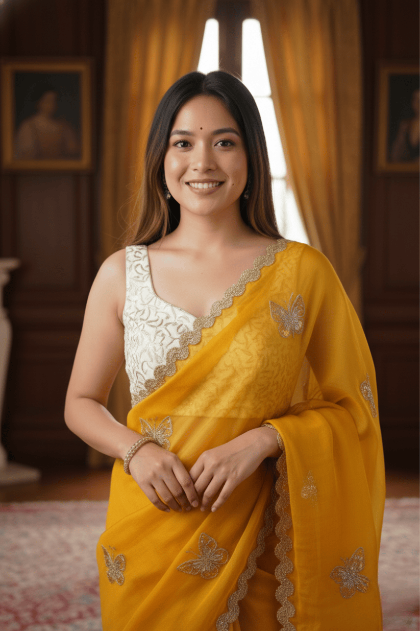 Yellow Crunchy Silk Embroidery Saree