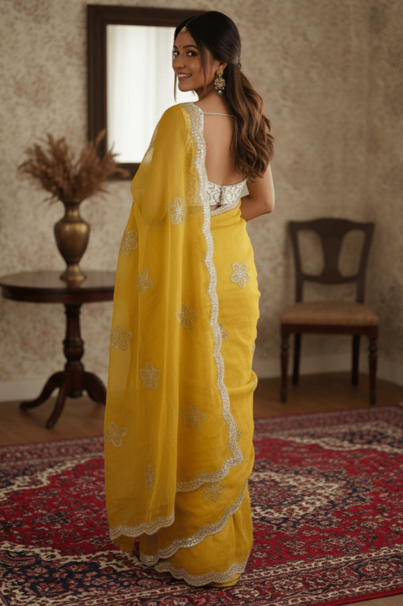 Yellow Crunchy Silk Embroidery Saree