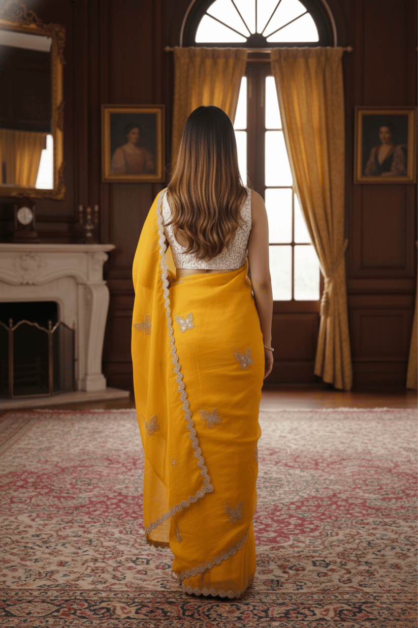 Yellow Crunchy Silk Embroidery Saree