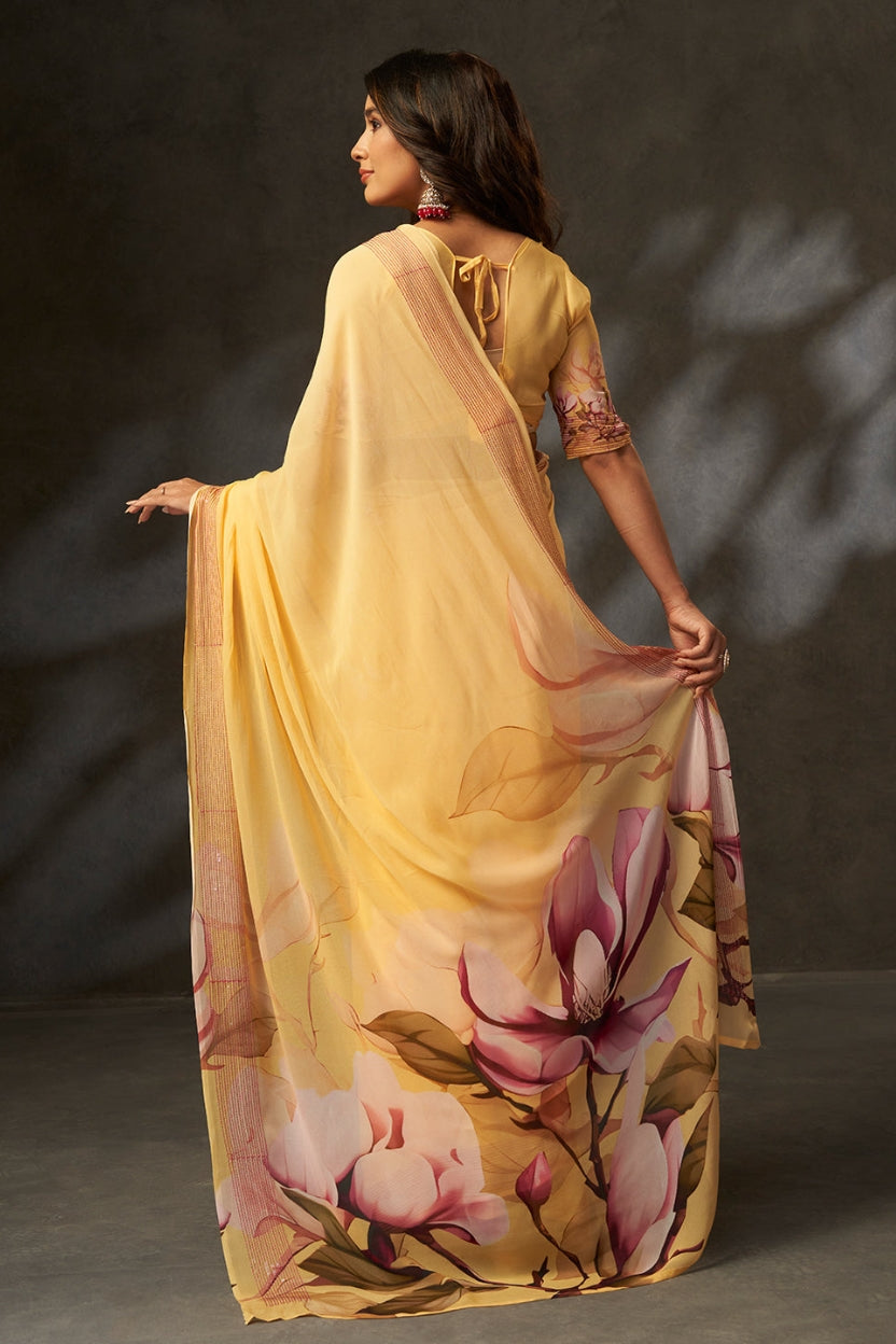 Yellow Digital Printed Georgette Saree