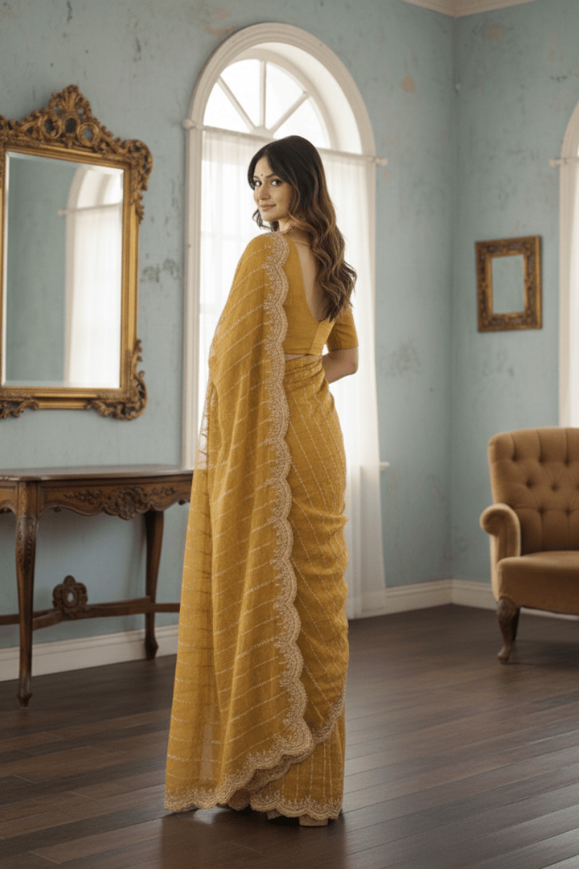 Yellow Fendi Satin Embroidery Saree