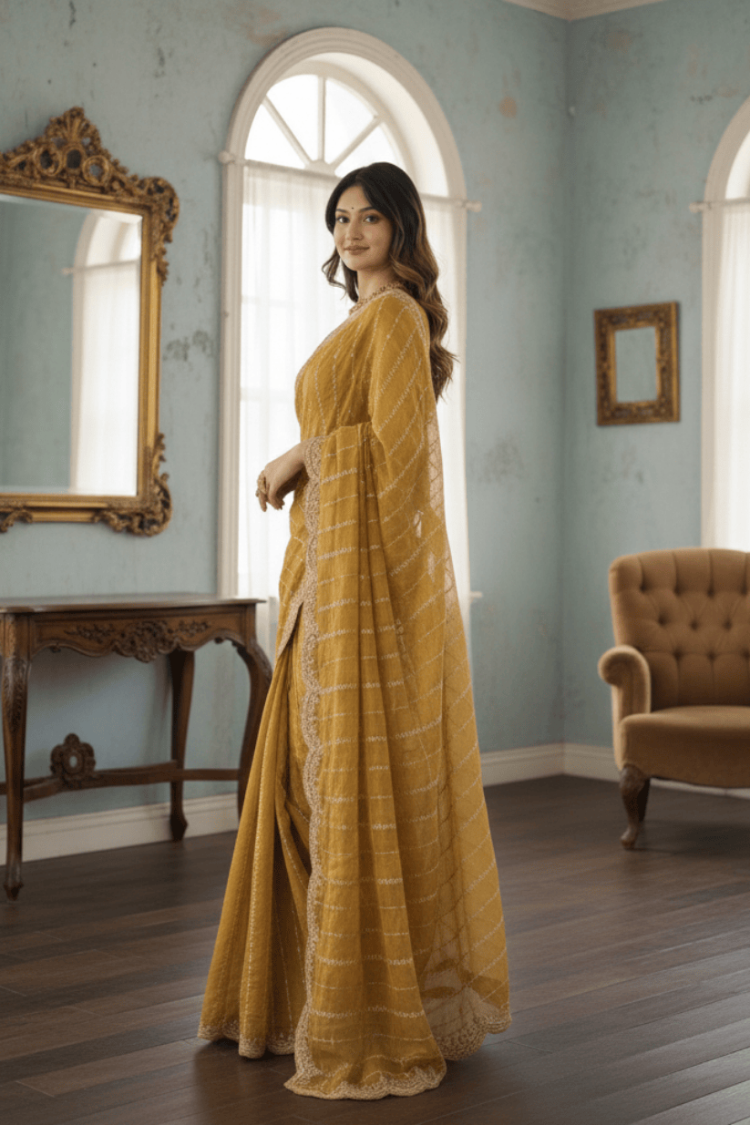 Yellow Fendi Satin Embroidery Saree