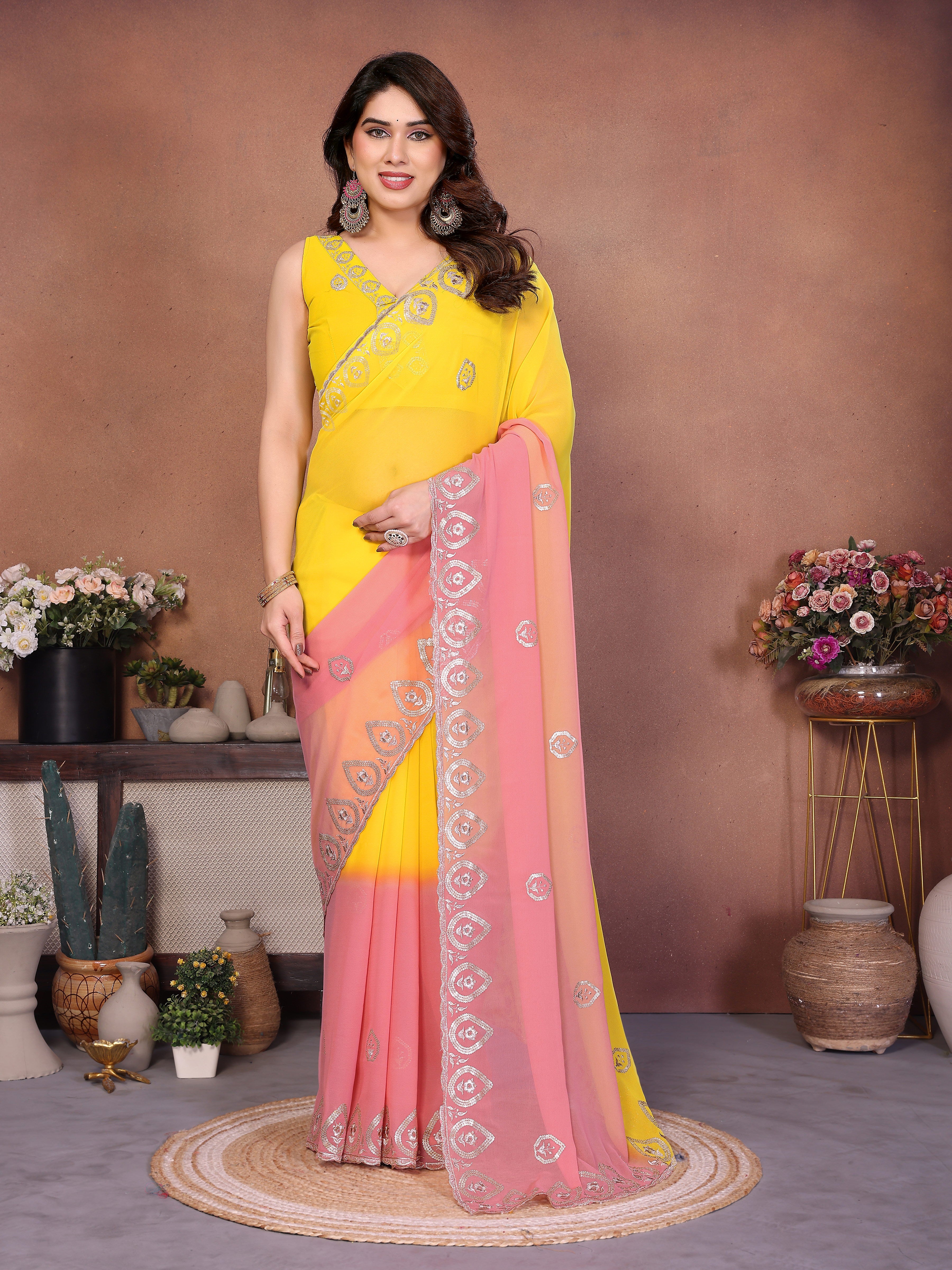Yellow Georgette Embroidered Saree