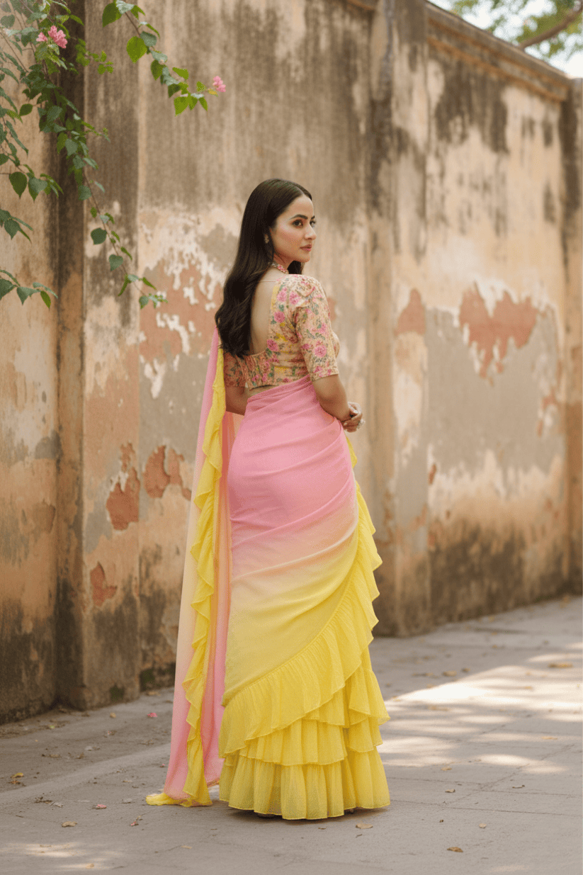 Yellow Georgette Ruffled Saree
