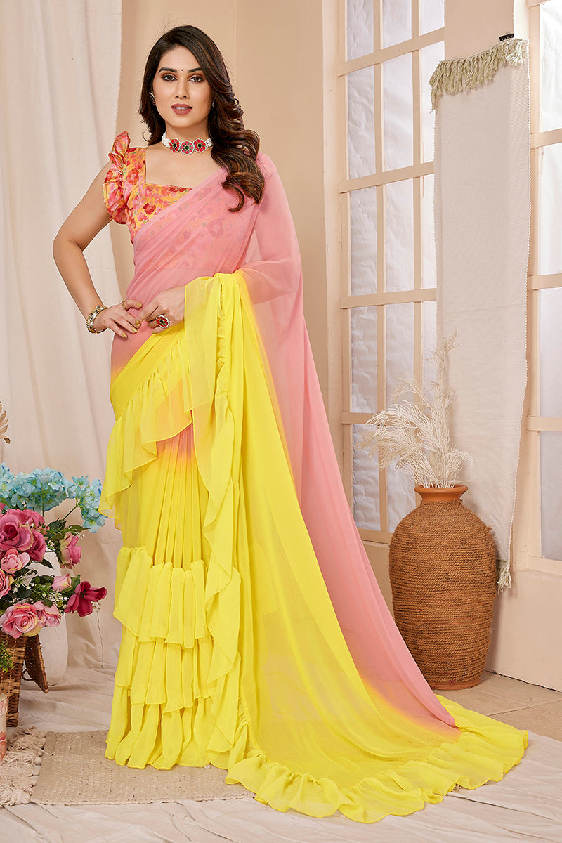 Yellow Georgette Ruffled Saree