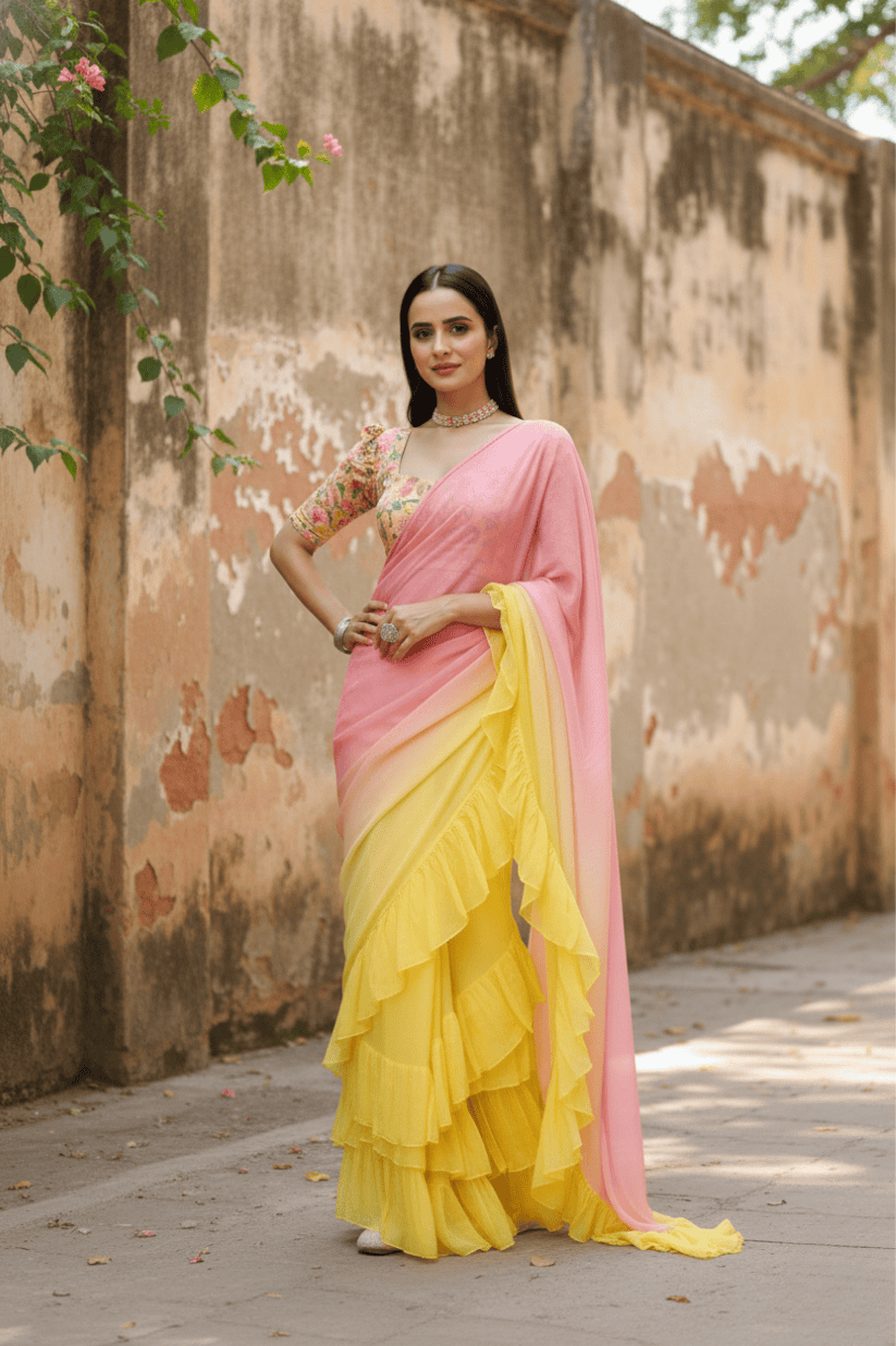 Yellow Georgette Ruffled Saree