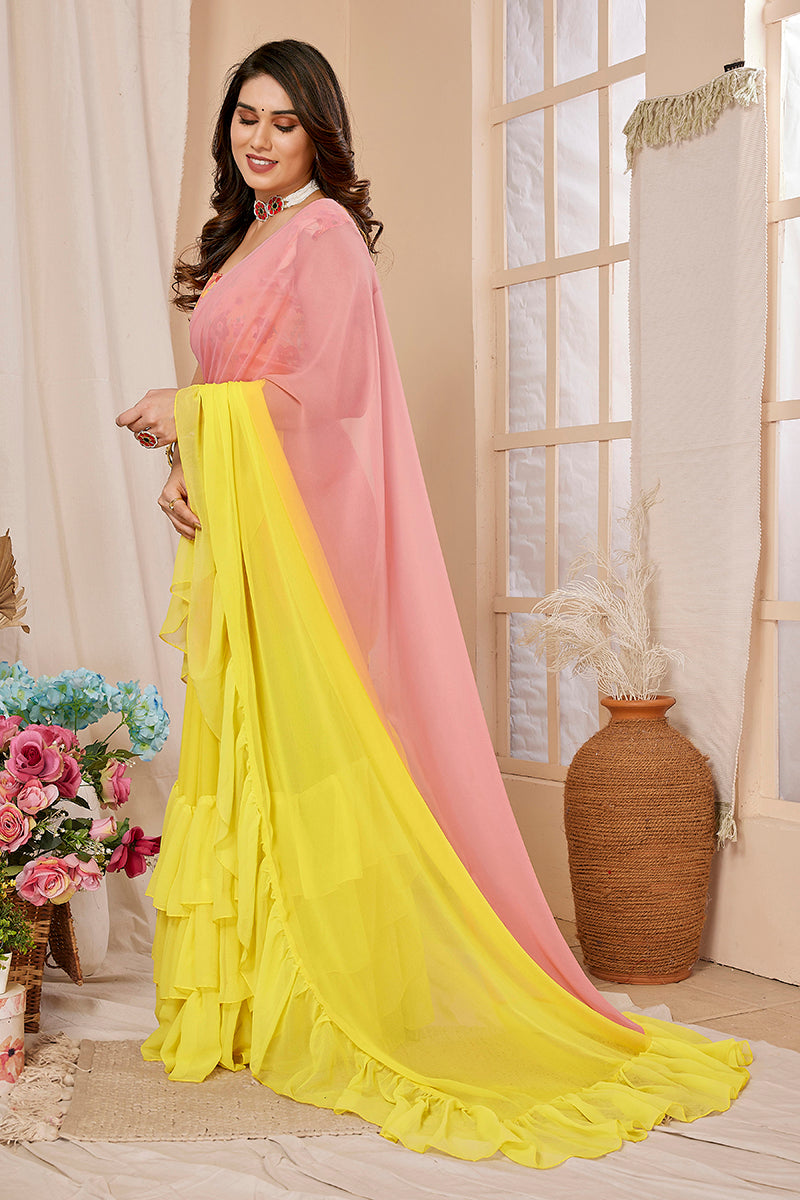 Yellow Georgette Ruffled Saree