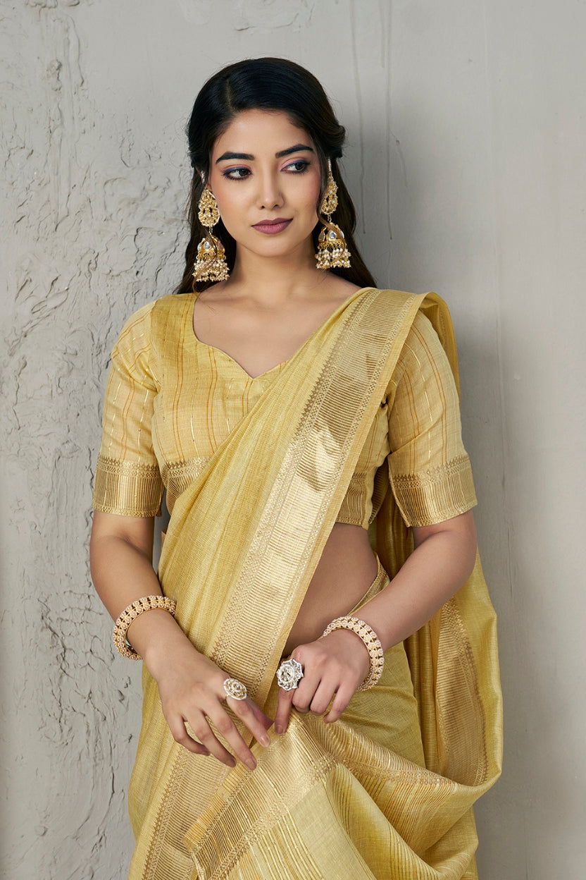 Yellow Linen Cotton Zari Border Saree
