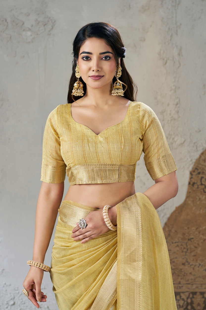 Yellow Linen Cotton Zari Border Saree