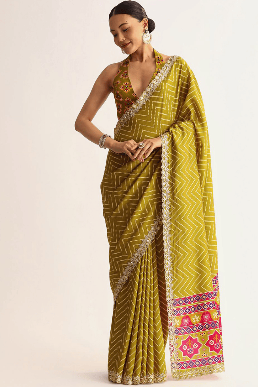Yellow Manipuri Printed Saree With Embroidered Lace