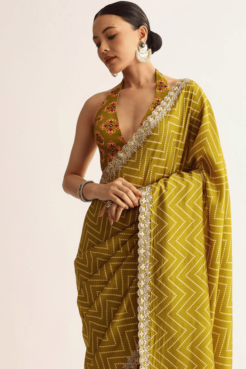 Yellow Manipuri Printed Saree With Embroidered Lace