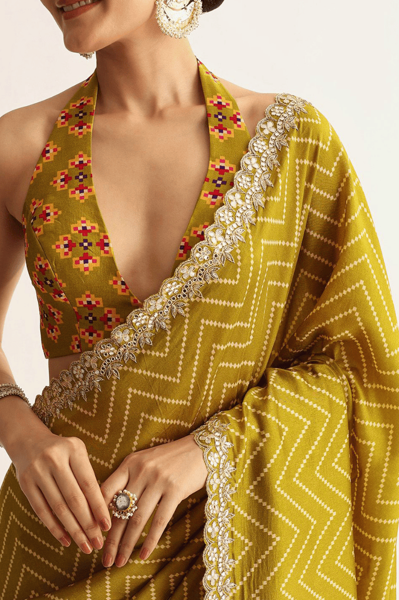 Yellow Manipuri Printed Saree With Embroidered Lace