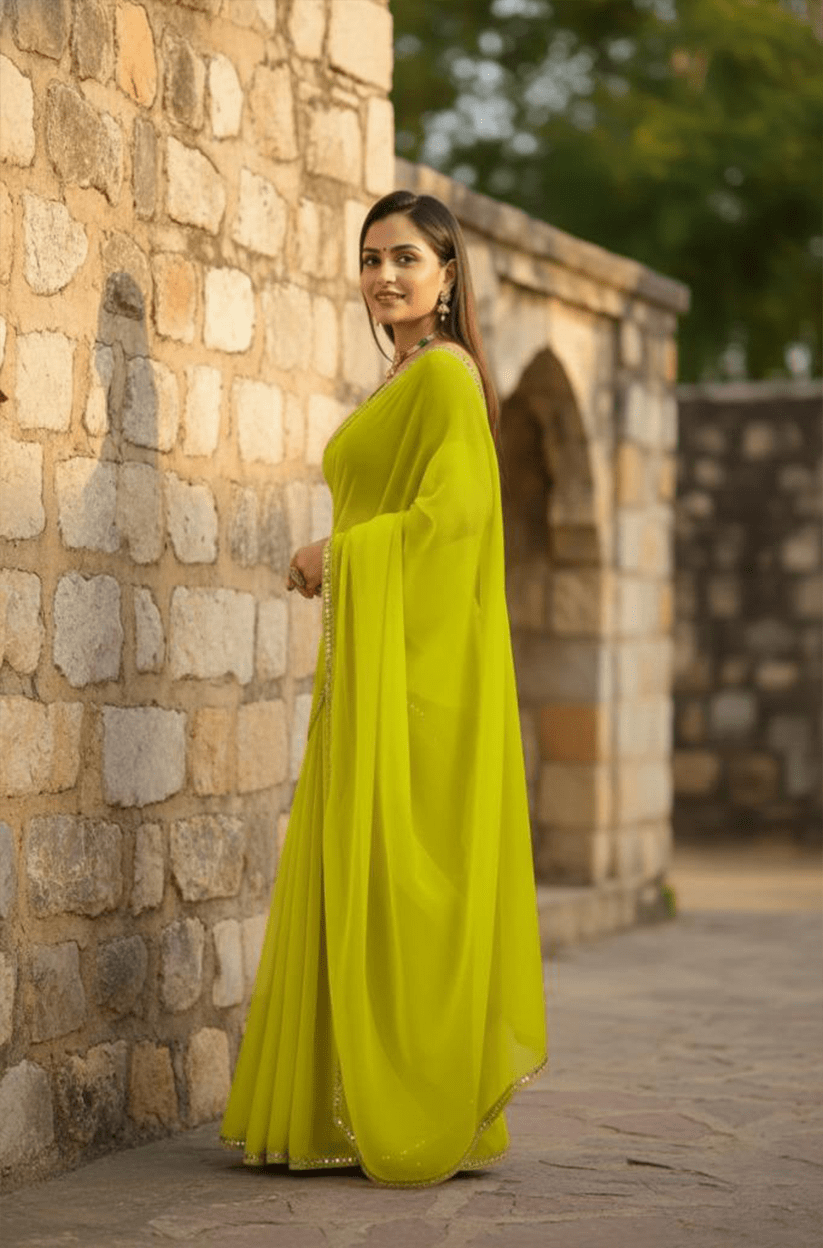 Yellow Mirror Lace Georgette Saree