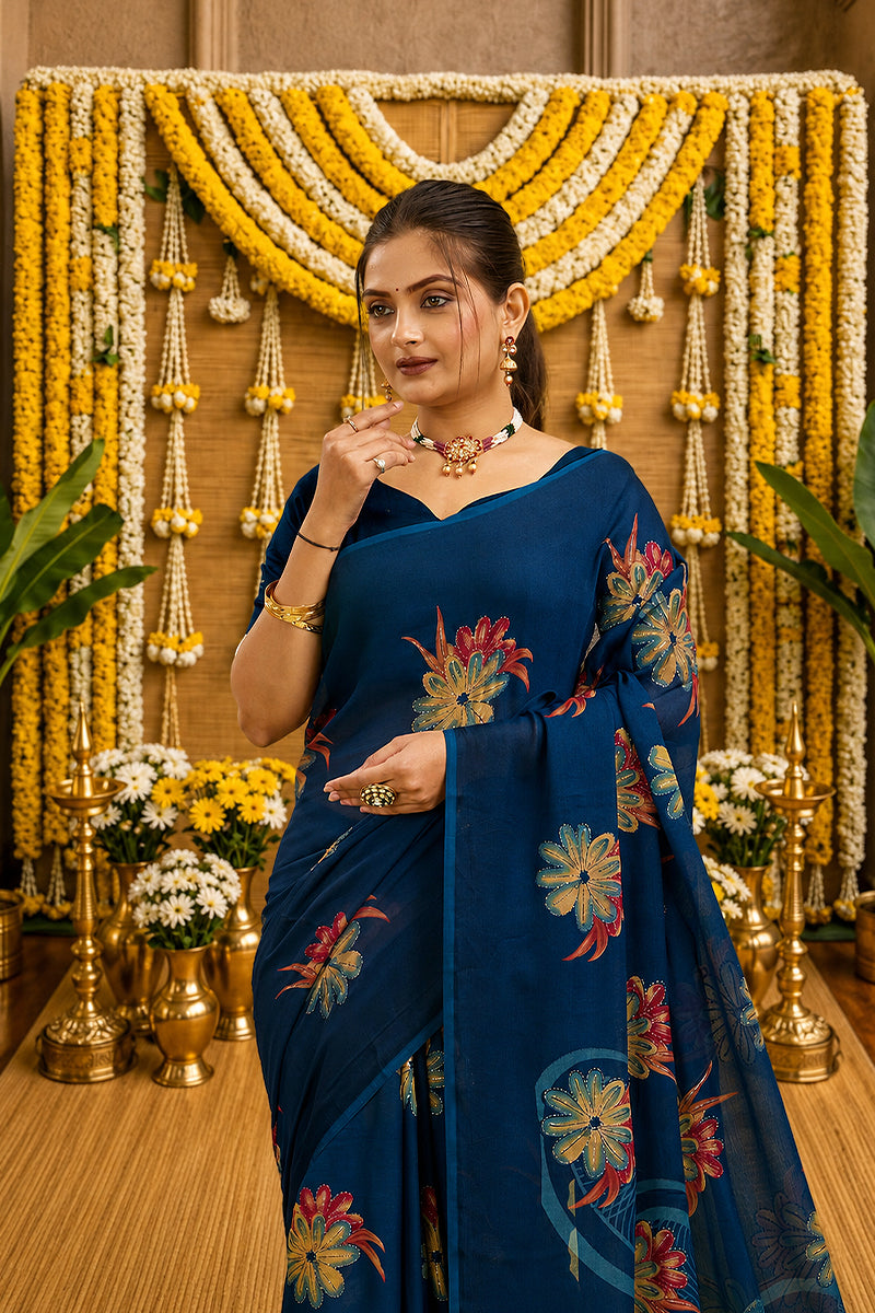 Rama Digital Printed Bright Moss Satin Border Saree
