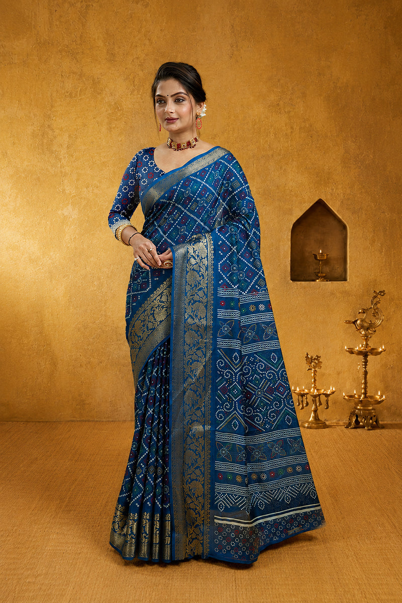 Blue Bandhani Print Soft Dola Cotton Gharchola Saree