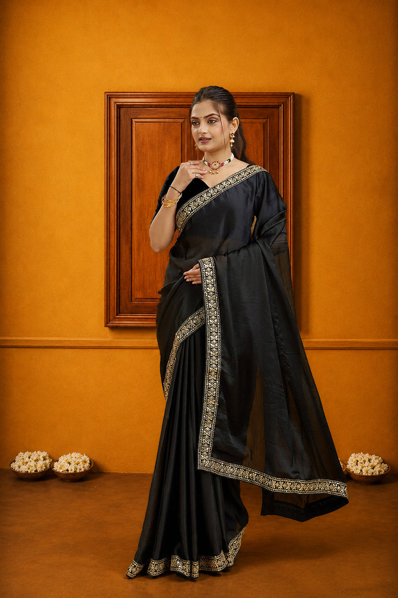 Black Solid Georgette Saree With Lace