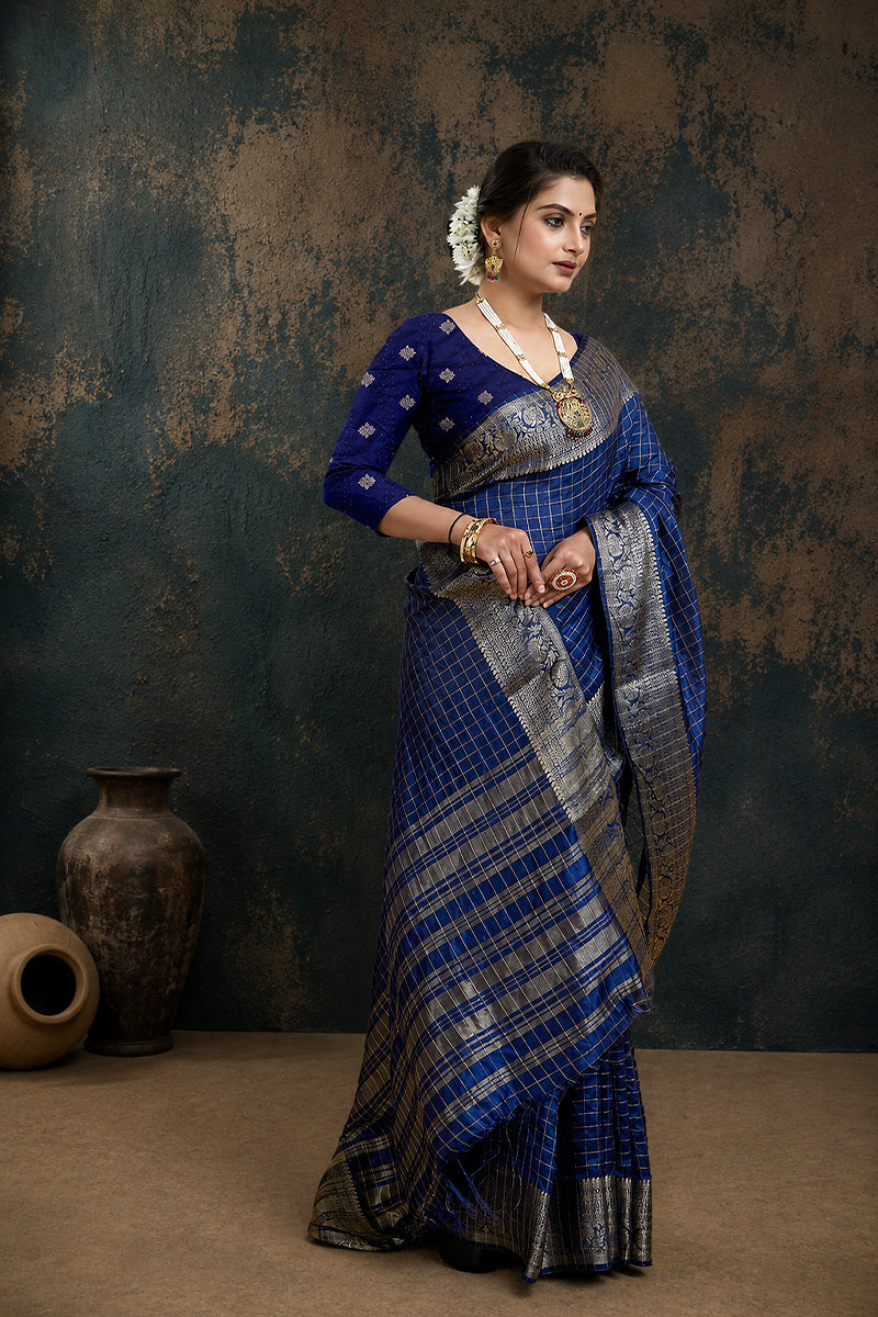Royal Blue Woven Jacquard Cotton Silk Saree