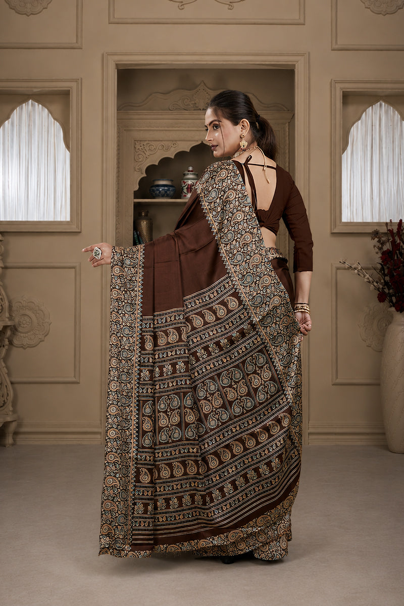 Maroon Ajrakh Printed Silk Saree