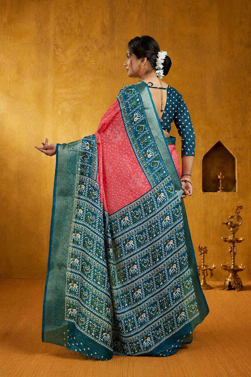 Pink Soft Dola Cotton Printed Gharchola Saree