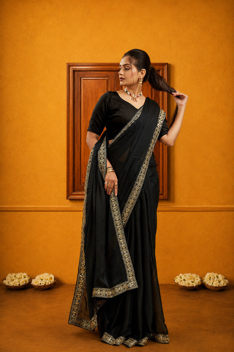 Black Solid Georgette Saree With Lace