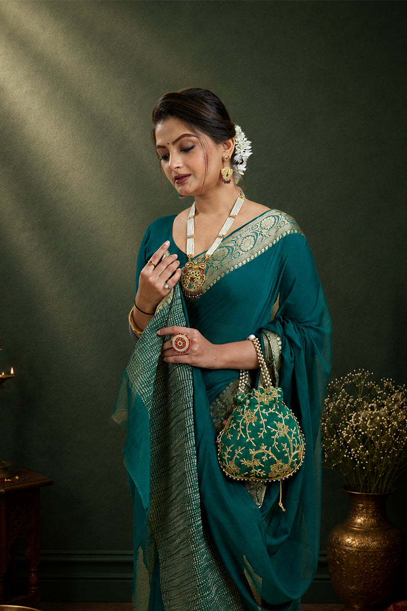 Green Woven Chinnon Silk Saree