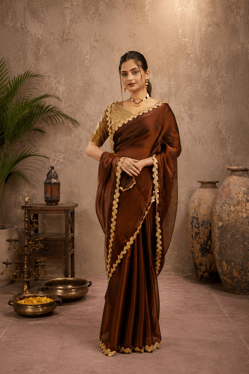 Brown Jimmy Choo Plain Chiffon Saree