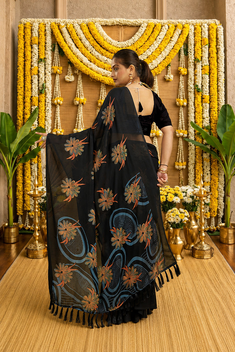 Black Digital Printed Bright Moss Satin Border Saree