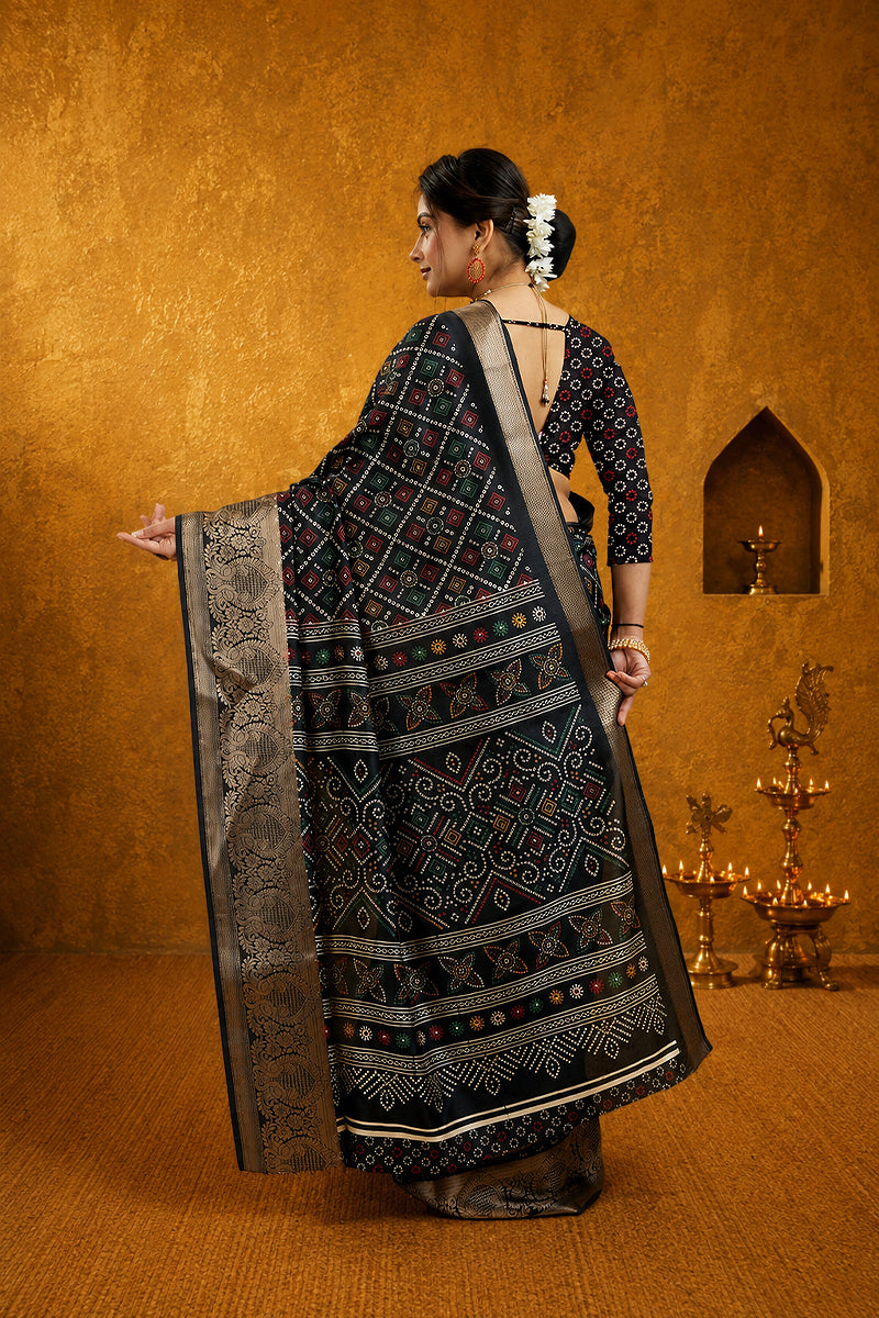 Black Bandhani Print Soft Dola Cotton Gharchola Saree