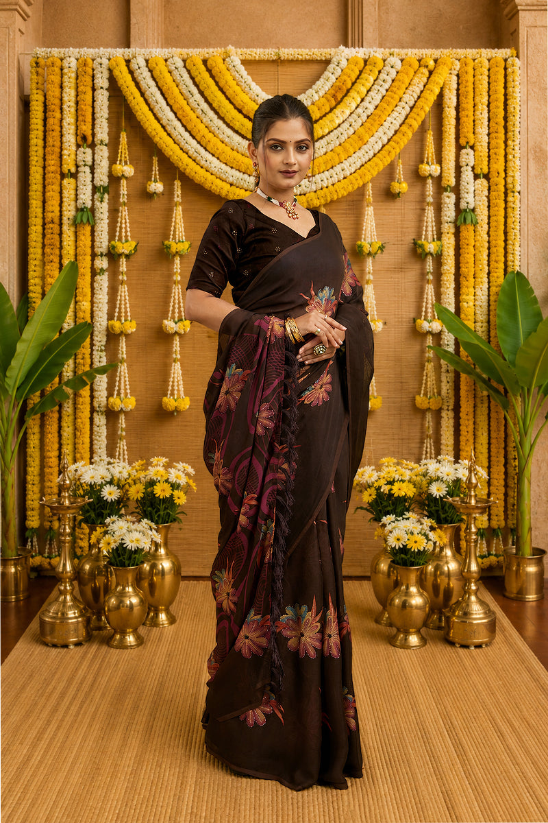Brown Digital Printed Bright Moss Satin Border Saree