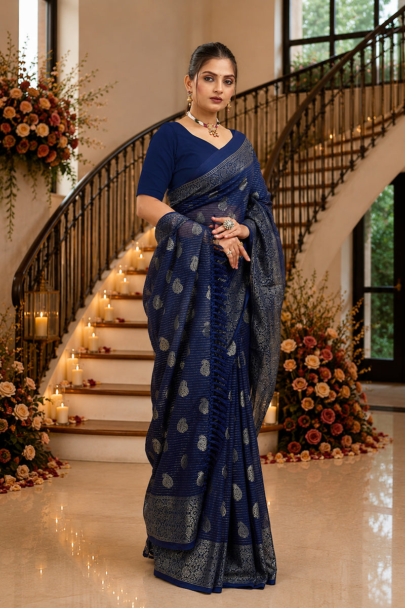 Navy Foil Printed Soft Georgette Saree