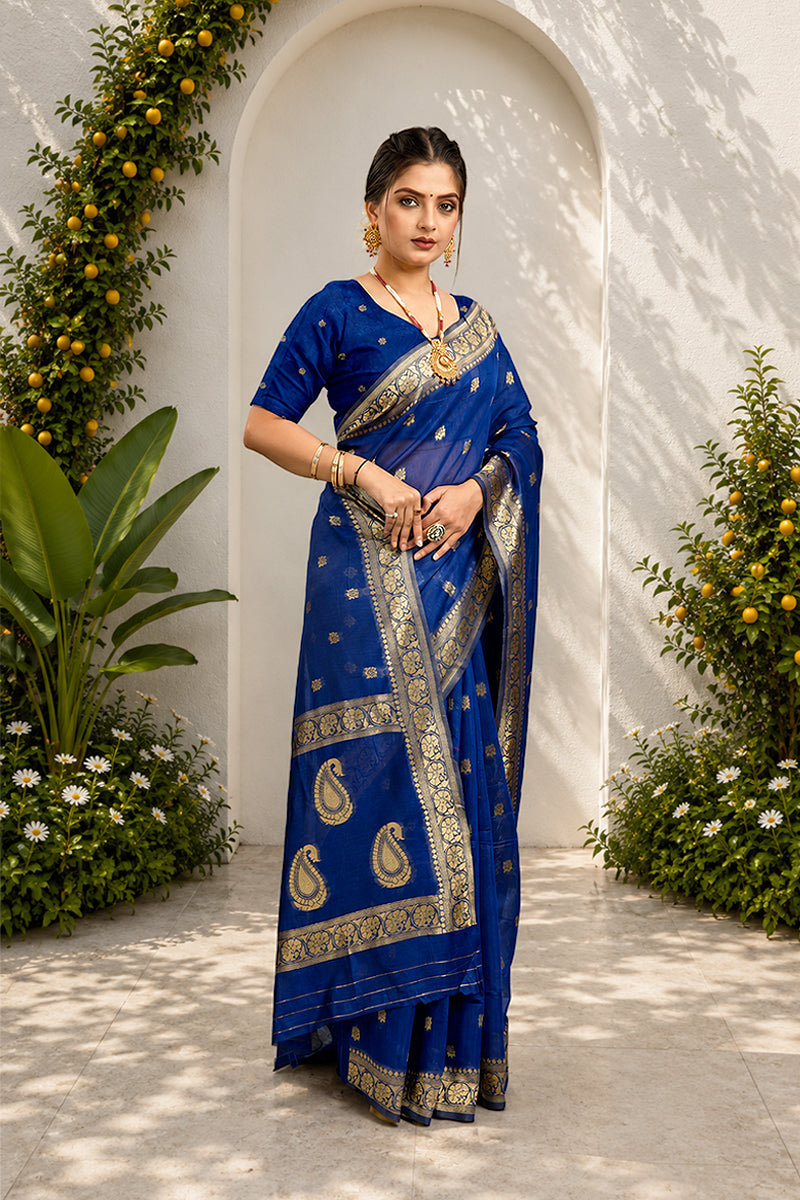 Blue Soft Cotton Silk Saree