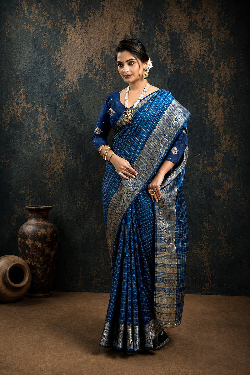 Navy Woven Jacquard Cotton Silk Saree