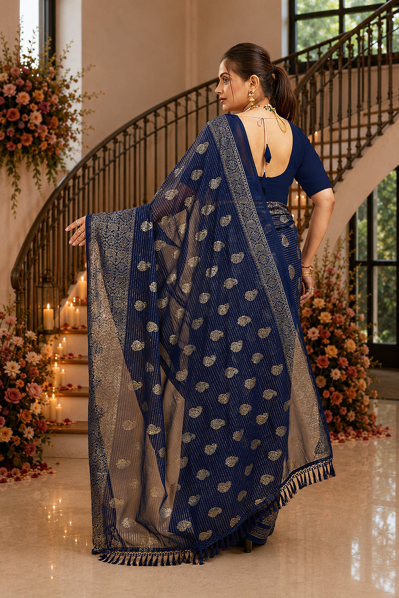 Navy Foil Printed Soft Georgette Saree