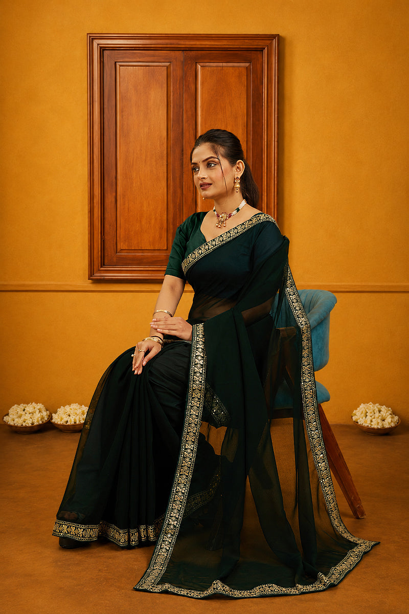 Green Solid Georgette Saree With Lace