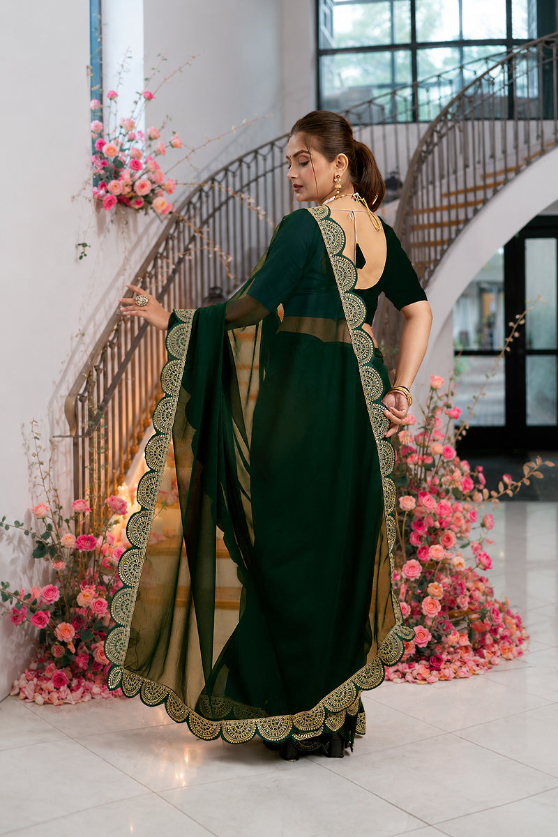 Green Embroidered Satin Chiffon Saree