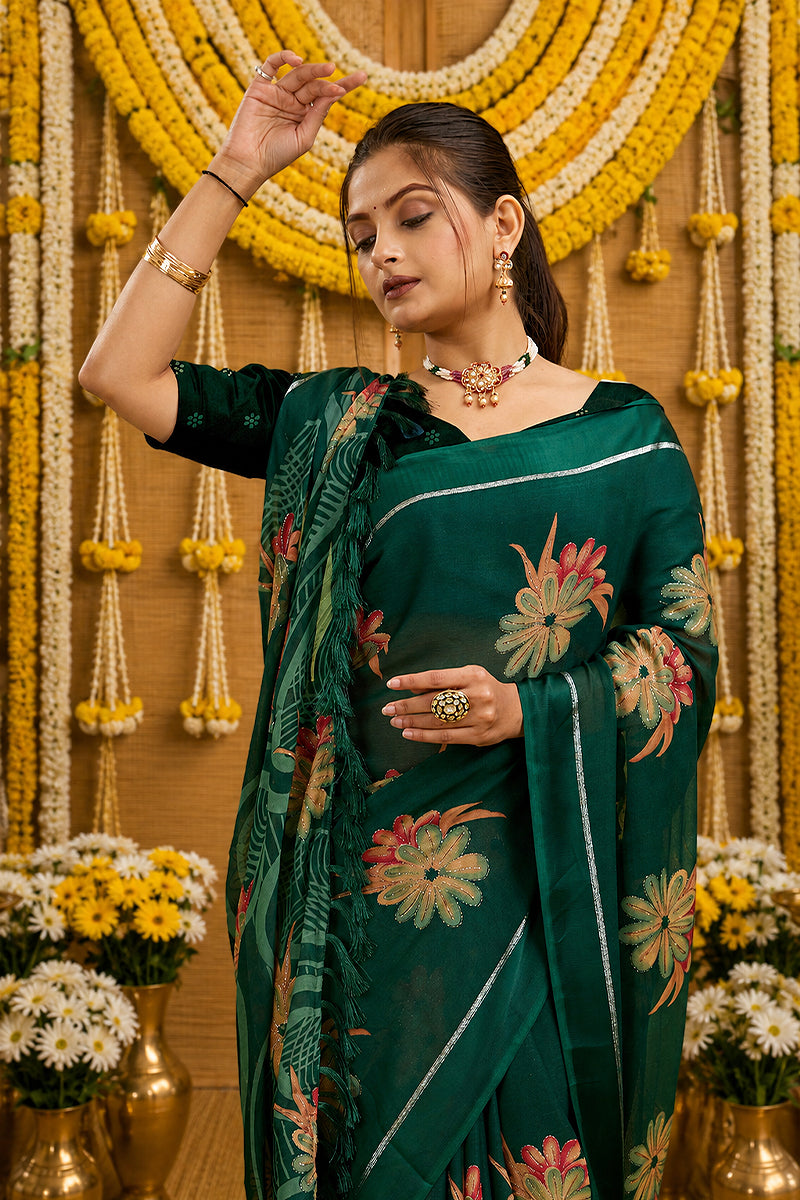 Green Digital Printed Bright Moss Satin Border Saree