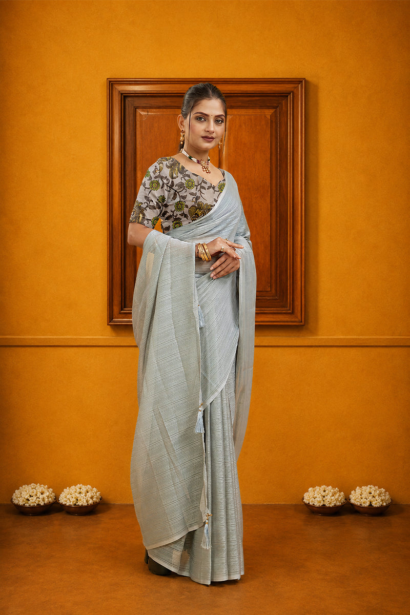 Gray Solid Shimmer Polyester Saree