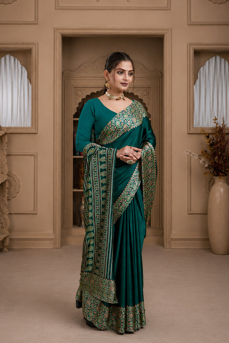 Green Ajrakh Printed Silk Saree